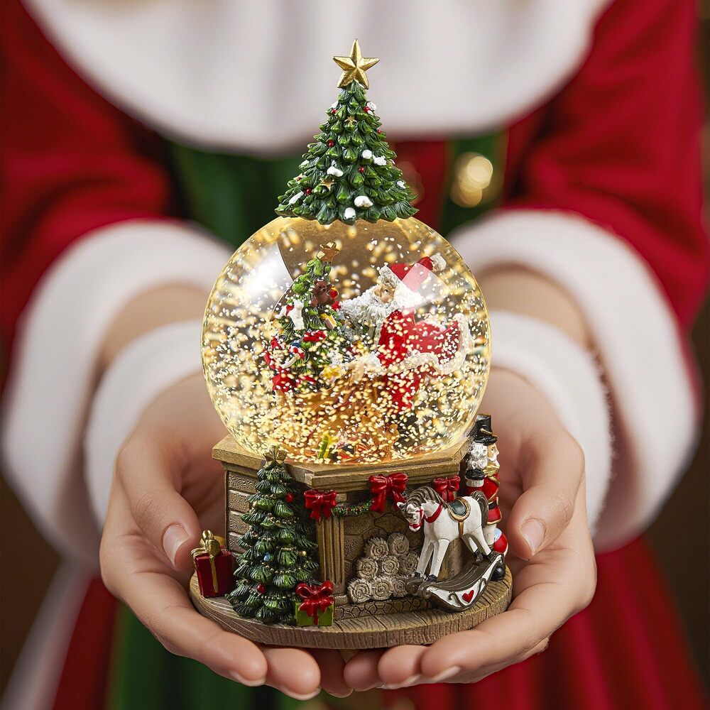 7294 Gift Wrapped Lighted Christmas Tree Snow Globe Music Box Santa Claus